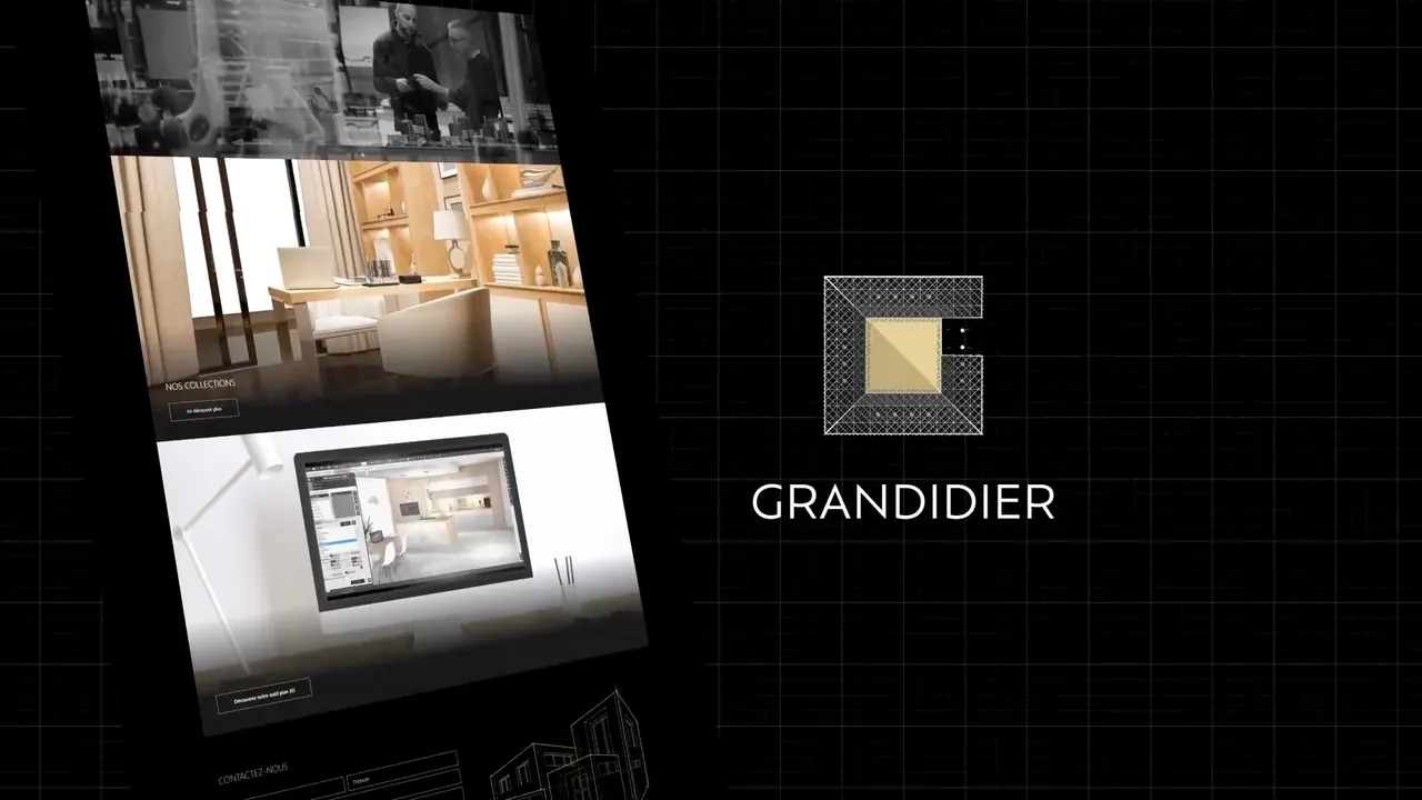 Image extraite du showreel 2024 du 16com : site et identité réalisés pour Grandidier, sur fond noir